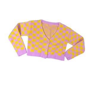 Pink and Yellow Checkered Women's Cardigan Sweater M